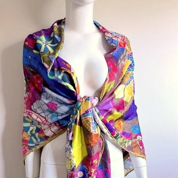 CARTIER Paris. Silk Scarf, Multicoloured Stained Glass Pattern, Pink Wolf 125-03 - Picture 5 of 10